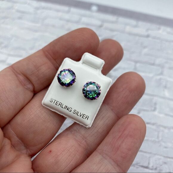 Rainbow Topaz CZ 8mm Sterling Silver Stud Earrings - Picture 3 of 5